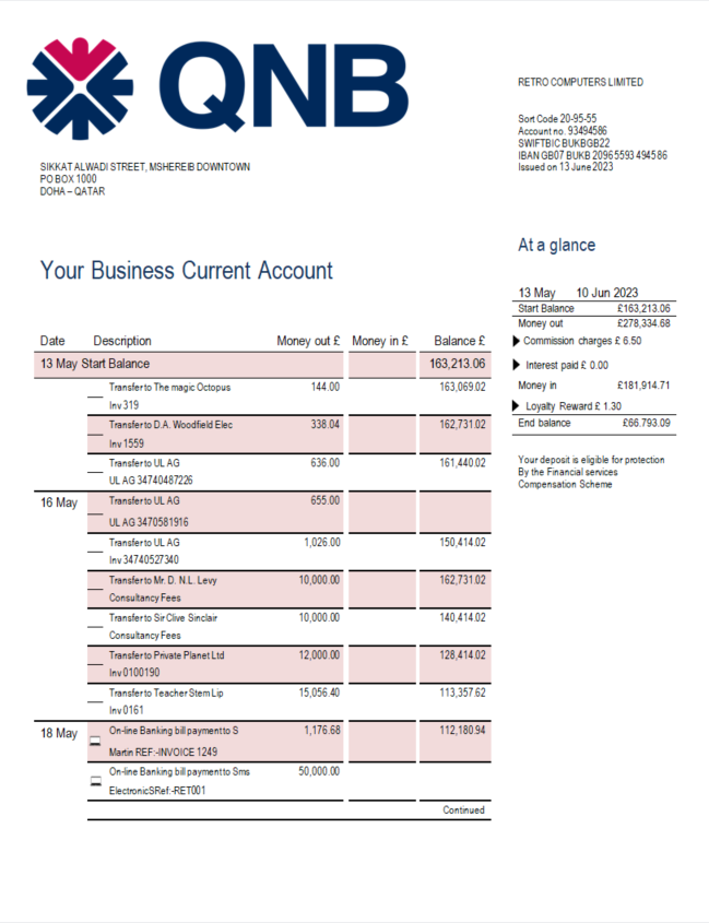 Modèle Word et PDF de relevé de compte d'entreprise de la banque QNB